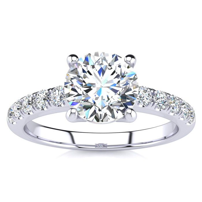 1 3/4 Carat Traditional Diamond Engagement Ring w/ 1.5 Carat Center Round Solitaire in 14K White Gold (4.5 g) (