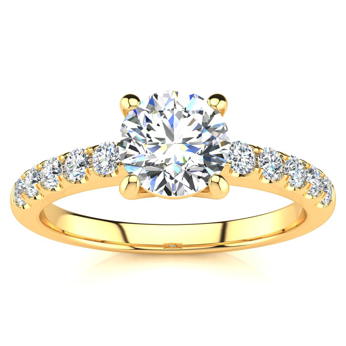 1 1/3 Carat Traditional Diamond Engagement Ring w/ 1 Carat Center Round Solitaire in 14K Gold (4.5 g) (  I1-I2 Clarity Enhanced)  Size 4 by SuperJeweler