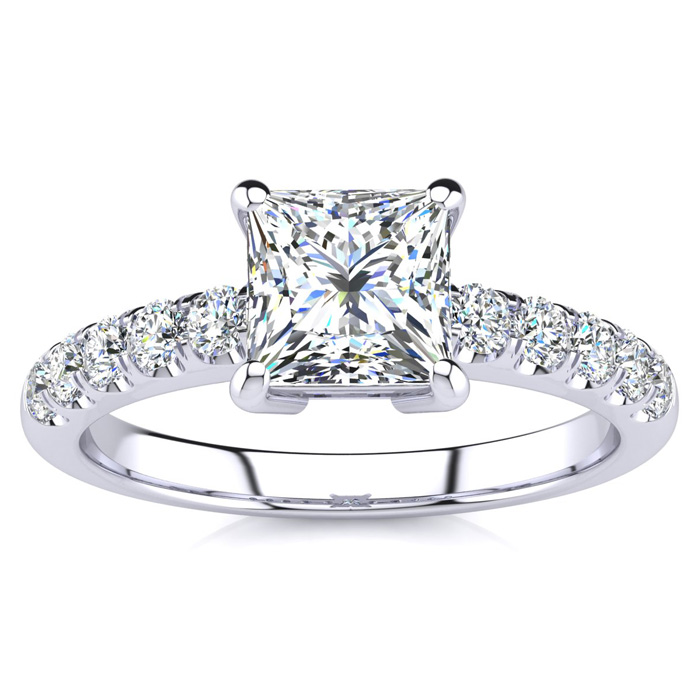 1 1/3 Carat Traditional Diamond Engagement Ring w/ 1 Carat Center Princess Cut Solitaire in 14K White Gold (4.5 g) (, I1-I2 Clarity Enhanced) by