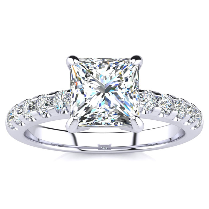 1 3/4 Carat Traditional Diamond Engagement Ring w/ 1.5 Carat Center Princess Cut Solitaire in 14K White Gold (4.5 g) (  I1-I2 Clarity Enhanced)  Size 4.5 by SuperJeweler