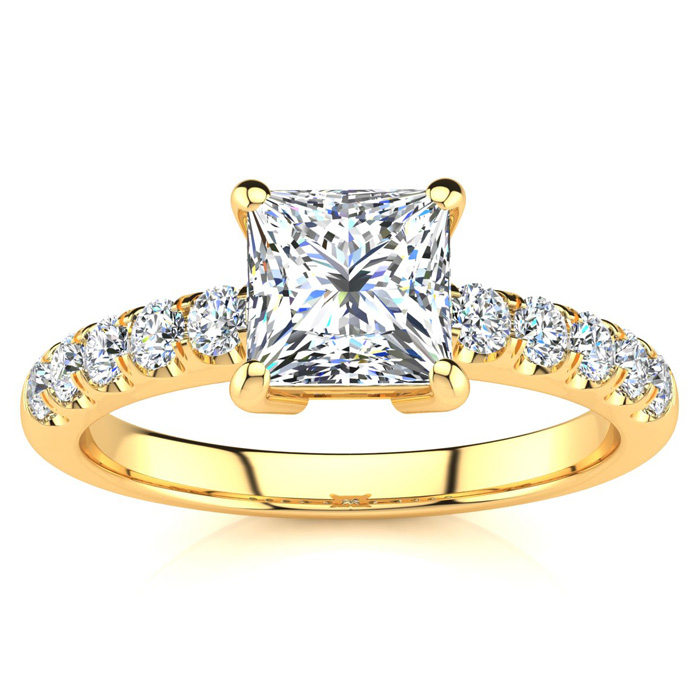 1 1/3 Carat Traditional Diamond Engagement Ring w/ 1 Carat Center Princess Cut Solitaire in 14K Gold (4.5 g) (, I1-I2 Clarity Enhanced) by