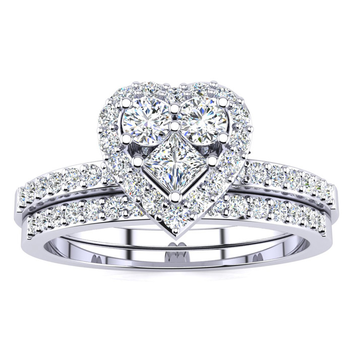 1/2 Carat Heart Halo Diamond Bridal Engagement Ring Set in White Gold (5.4 g) (, SI2-I1) by SuperJeweler