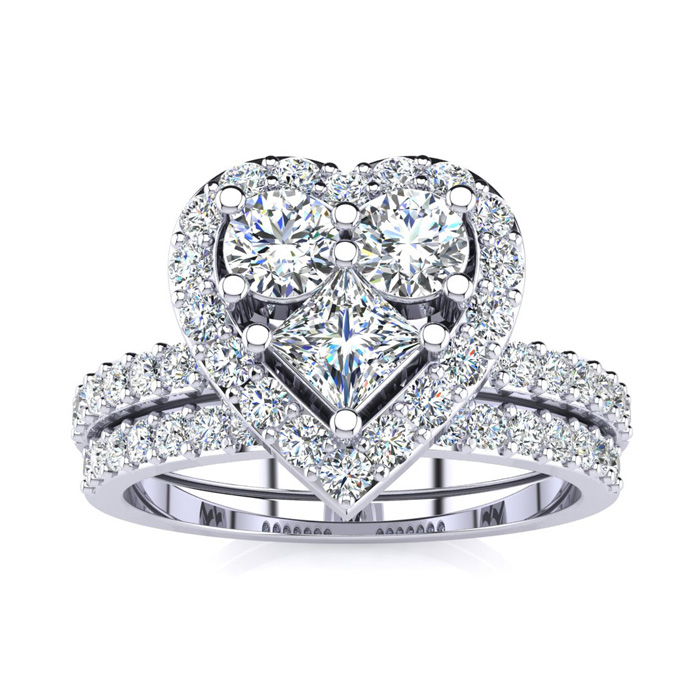 1 Carat Heart Halo Diamond Bridal Engagement Ring Set in 14k White Gold (6.5 g) (, SI2-I1) by SuperJeweler
