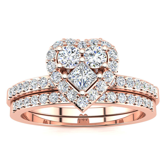 1/2 Carat Heart Halo Diamond Bridal Engagement Ring Set in Rose Gold (5.4 g) (, SI2-I1) by SuperJeweler