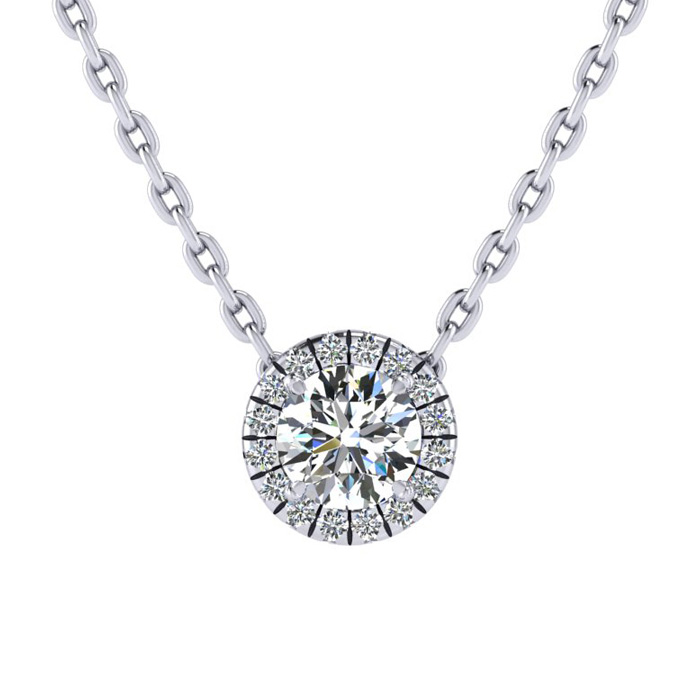 1/2 Carat Halo Diamond Necklace in 14K White Gold (1.50 g), , 18 Inch Chain by SuperJeweler