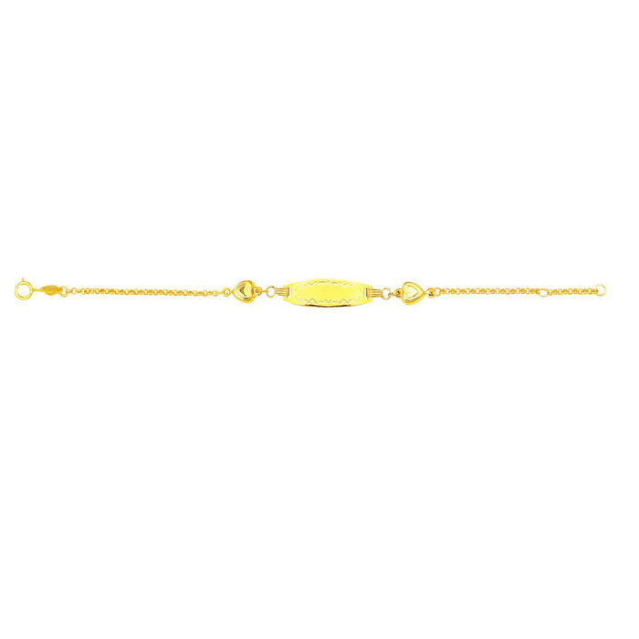 14K Yellow Gold (2.50 g) 6 Inch Children's Shiny Round Cable Link ID Chain Bracelet w/ 2 Puffed Hearts by SuperJeweler