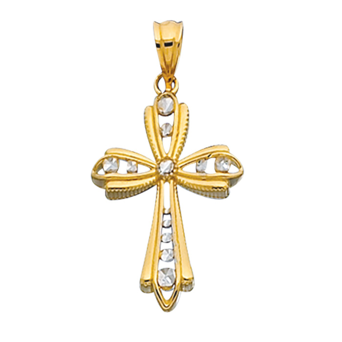 14K Yellow & White Gold (1.80 g) 30x17mm Shiny Diamond Cut Fancy Cross Pendant Necklace by SuperJeweler