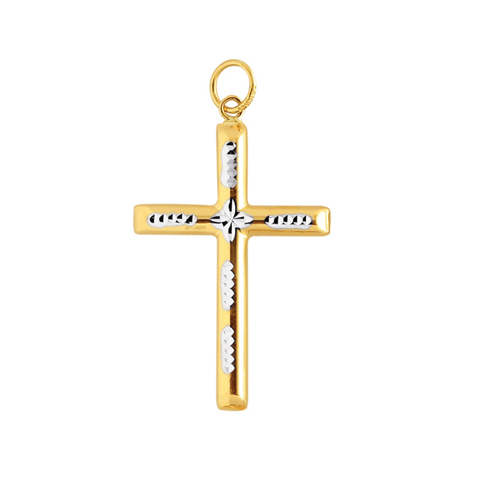 14K Yellow, White & Rose Gold (1.60 g) 36x20.5mm Shiny Diamond Cut Fancy Cross Pendant Necklace by SuperJeweler