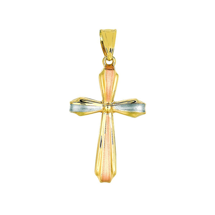 14K Yellow, White & Rose Gold (1.20 G) 32x16.4mm Shiny Textured Fancy Cross Pendant Necklace By SuperJeweler