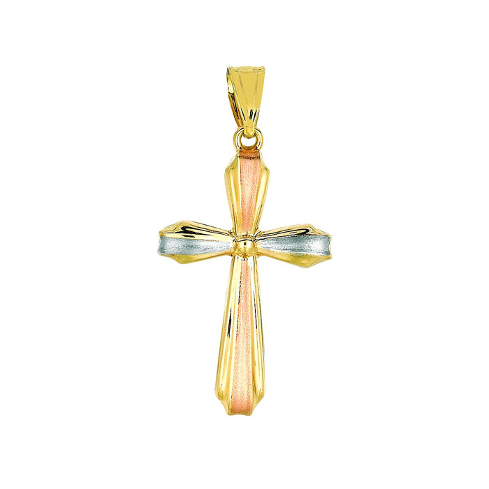 14K Yellow, White & Rose Gold (1.20 g) 32x16.4mm Shiny Textured Fancy Cross Pendant Necklace by SuperJeweler