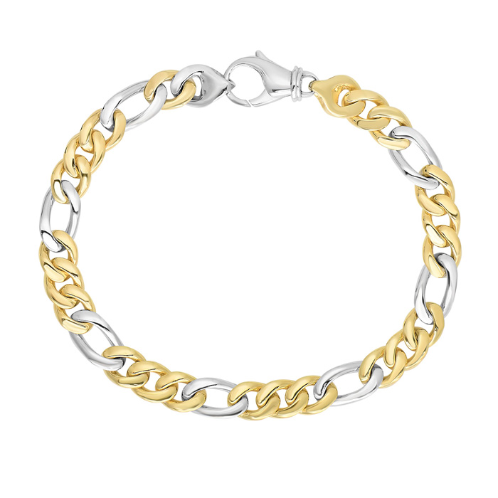 14K Yellow & White Gold (30.30 g) 6.0mm 8.5 Inch Soft Faceted & Shiny Figaro Style Men's Chain Bracelet