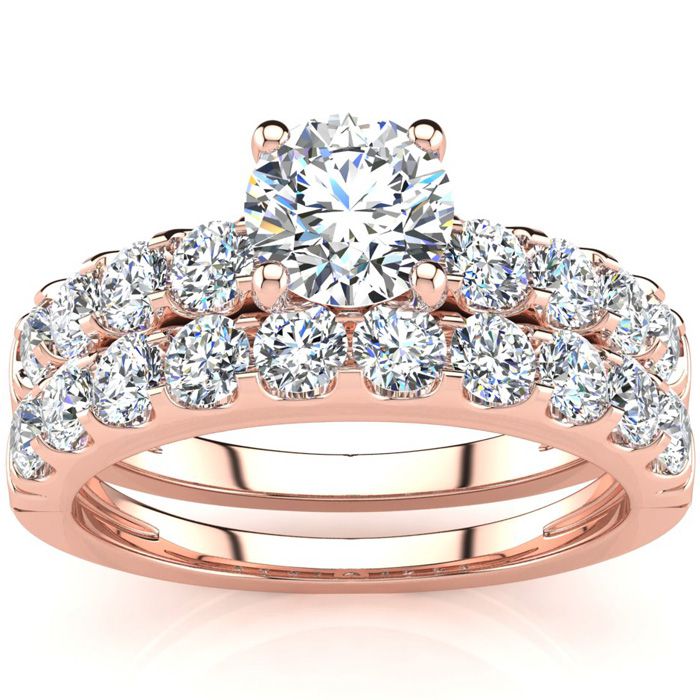 2 Carat Round Center Engagement Ring & Wedding Band Set in 14K Rose Gold (6.3 g) (, I1-I2 Clarity Enhanced) by SuperJeweler