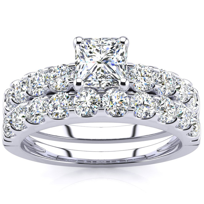 2 Carat Princess Center Engagement Ring & Wedding Band Set in 14K White Gold (6.3 g) (, I1-I2 Clarity Enhanced) by SuperJeweler