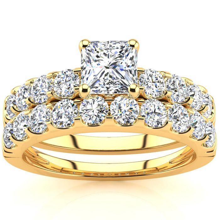 2 Carat Princess Center Engagement Ring & Wedding Band Set in 14K Yellow Gold (6.3 g) (, I1-I2 Clarity Enhanced) by SuperJeweler