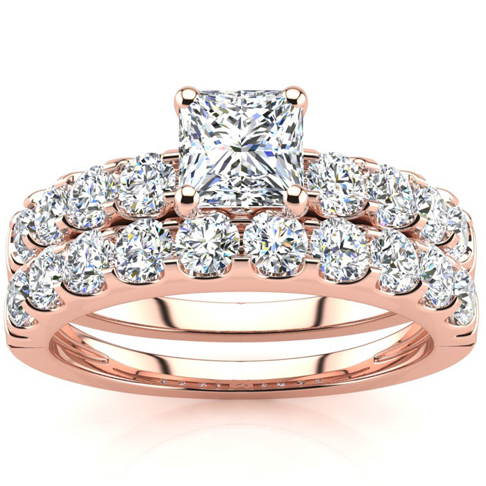 2 Carat Princess Center Engagement Ring & Wedding Band Set in 14K Rose Gold (6.3 g) (, I1-I2 Clarity Enhanced) by SuperJeweler