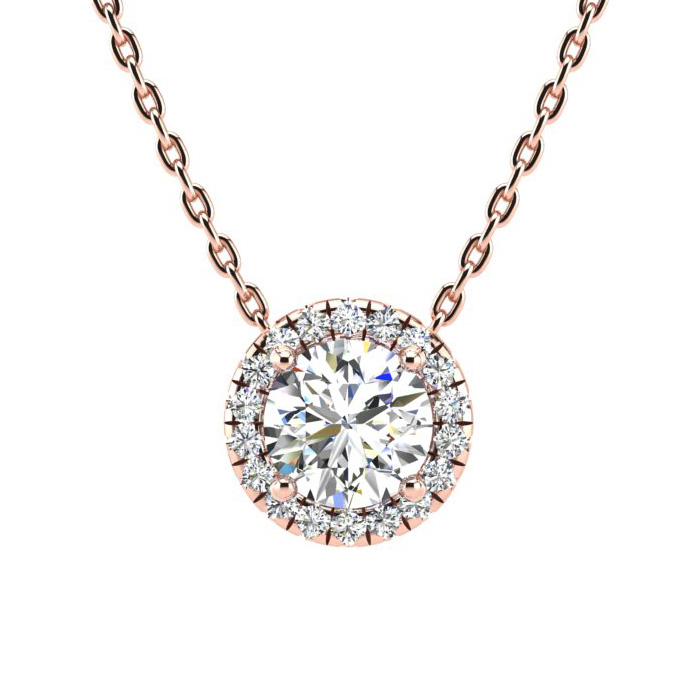 1 1/5 Carat Halo Diamond Necklace In 14K Rose Gold (2.50 G), H/I, 18 Inch Chain By SuperJeweler