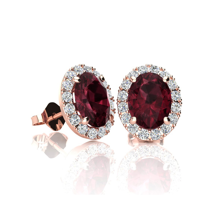 1.25 Carat Oval Shape Garnet & Halo Diamond Stud Earrings In 14K Rose Gold, I/J By SuperJeweler