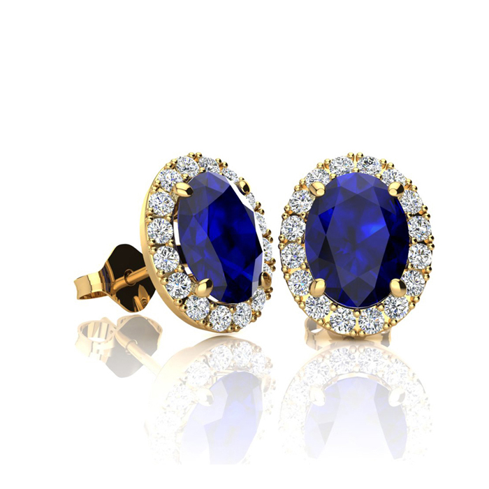 1 1/3 Carat Oval Shape Sapphire & Halo Diamond Stud Earrings in 14K Yellow Gold,  by SuperJeweler