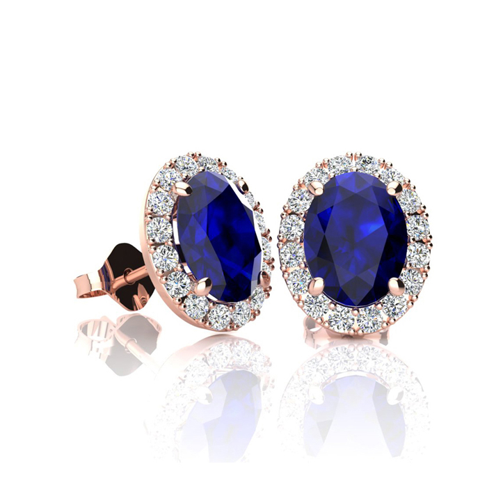 1 1/3 Carat Oval Shape Sapphire & Halo Diamond Stud Earrings in 14K Rose Gold,  by SuperJeweler