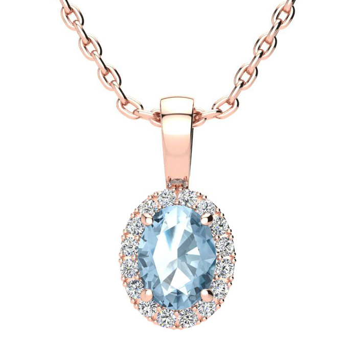 1 Carat Oval Shape Blue Topaz & Halo Diamond Necklace in 14K Rose Gold w/ 18 Inch Chain,  by SuperJeweler