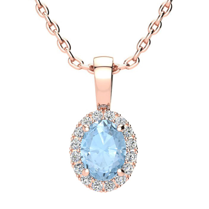 0.90 Carat Oval Shape Aquamarine & Halo Diamond Necklace in 14K Rose Gold w/ 18 Inch Chain,  by SuperJeweler