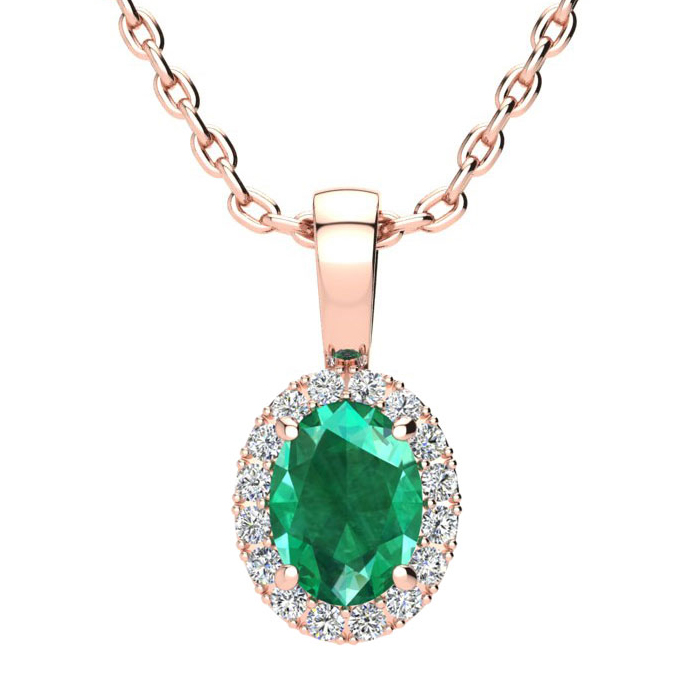 0.90 Carat Oval Shape Emerald Cut & Halo Diamond Necklace in 14K Rose Gold w/ 18 Inch Chain,  by SuperJeweler
