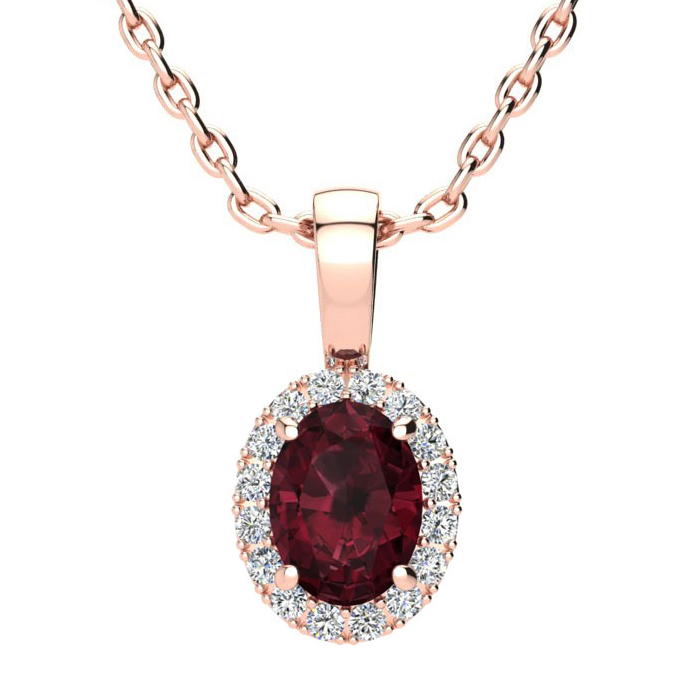 1 Carat Oval Shape Garnet & Halo Diamond Necklace in 14K Rose Gold w/ 18 Inch Chain,  by SuperJeweler