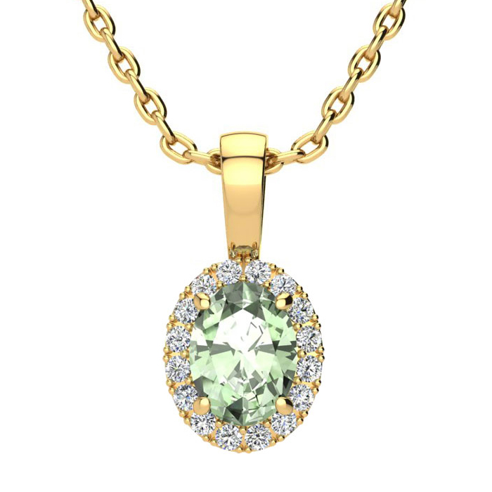 3/4 Carat Oval Shape Green Amethyst & Halo Diamond Necklace in 14K Yellow Gold w/ 18 Inch Chain,  by SuperJeweler