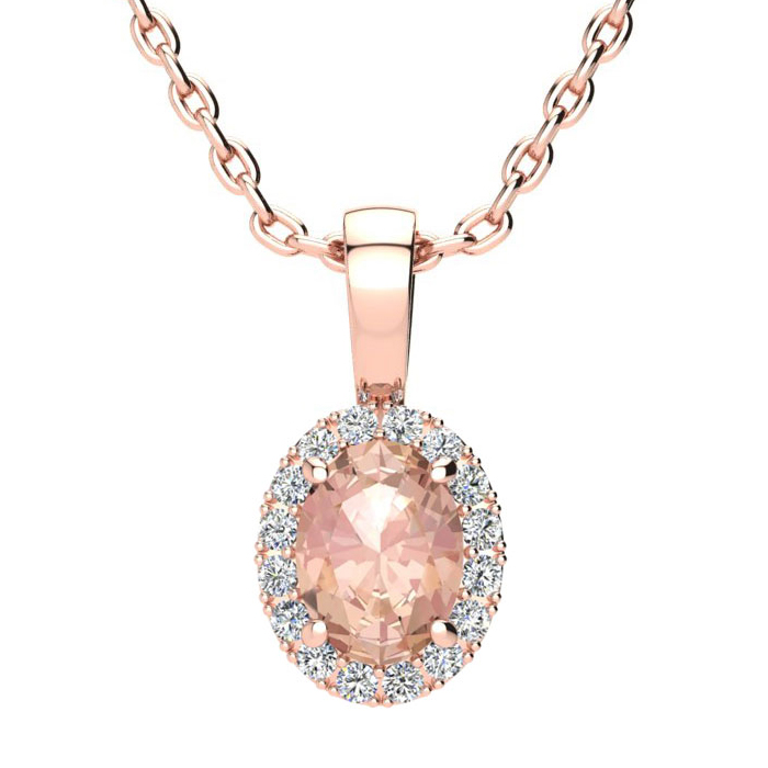 0.90 Carat Oval Shape Morganite & Halo Diamond Necklace in 14K Rose Gold w/ 18 Inch Chain,  by SuperJeweler