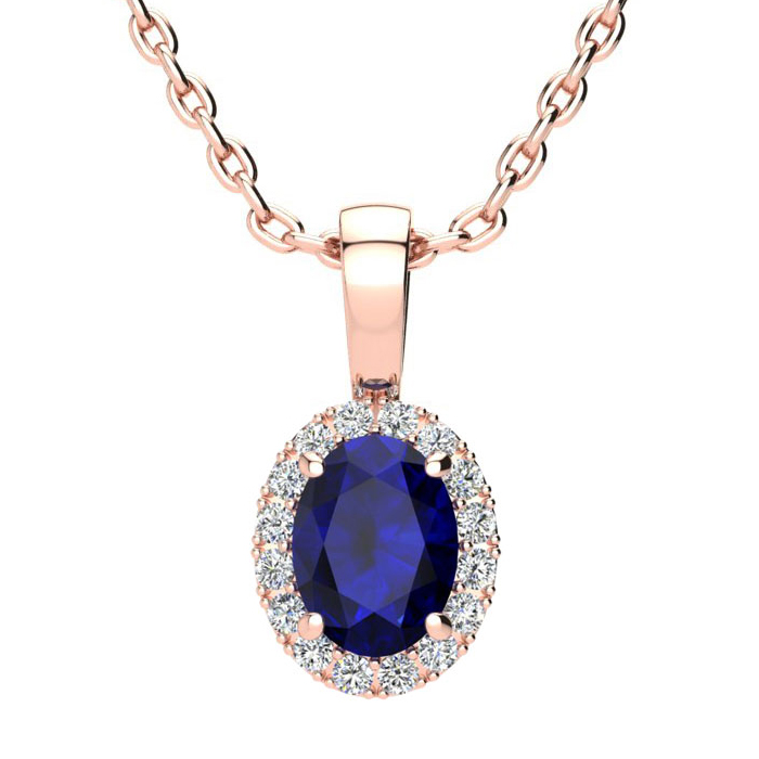 1 Carat Oval Shape Sapphire & Halo Diamond Necklace in 14K Rose Gold w/ 18 Inch Chain,  by SuperJeweler