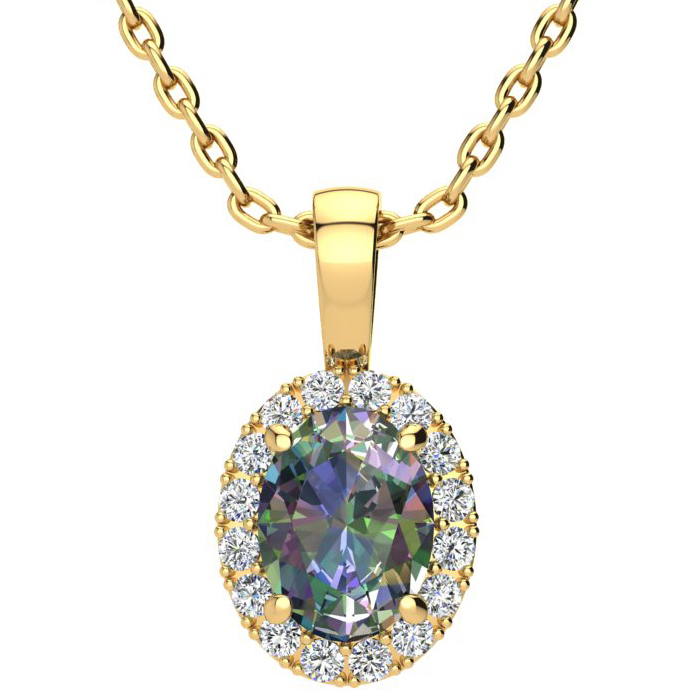 1.5 Carat Oval Shape Mystic Topaz & Halo Diamond Necklace in 14K Yellow Gold w/ 18 Inch Chain,  by SuperJeweler