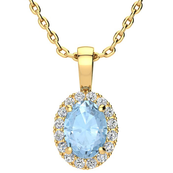 1 1/3 Carat Oval Shape Aquamarine & Halo Diamond Necklace in 14K Yellow Gold w/ 18 Inch Chain,  by SuperJeweler