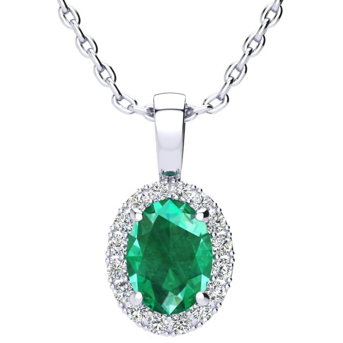 1 1/3 Carat Oval Shape Emerald Cut & Halo Diamond Necklace in 14K White Gold w/ 18 Inch Chain,  by SuperJeweler