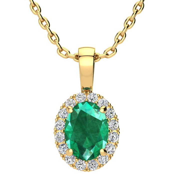 1 1/3 Carat Oval Shape Emerald Cut & Halo Diamond Necklace in 14K Yellow Gold w/ 18 Inch Chain,  by SuperJeweler