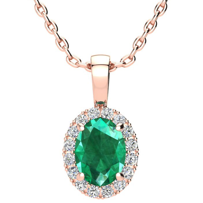 1 1/3 Carat Oval Shape Emerald Cut & Halo Diamond Necklace in 14K Rose Gold w/ 18 Inch Chain,  by SuperJeweler
