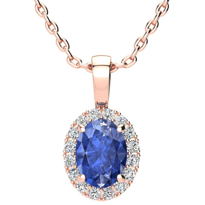 1.5 Carat Oval Shape Tanzanite & Halo Diamond Necklace in 14K Rose Gold w/ 18 Inch Chain,  by SuperJeweler