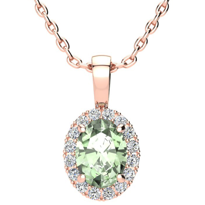 1.25 Carat Oval Shape Green Amethyst & Halo Diamond Necklace in 14K Rose Gold w/ 18 Inch Chain,  by SuperJeweler