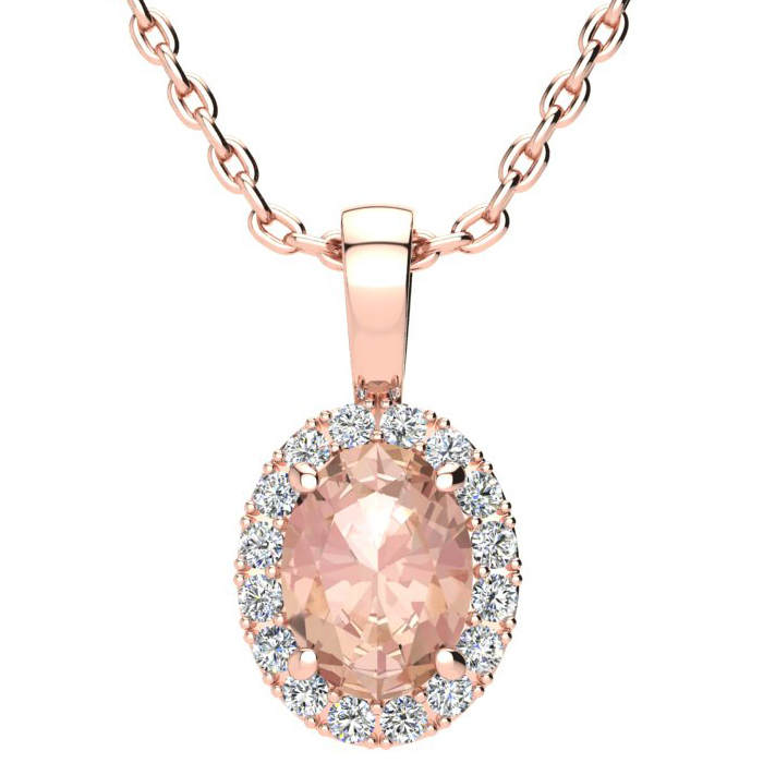 1 1/3 Carat Oval Shape Morganite & Halo Diamond Necklace in 14K Rose Gold w/ 18 Inch Chain,  by SuperJeweler