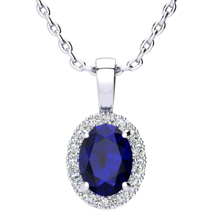 1 3/4 Carat Oval Shape Sapphire & Halo Diamond Necklace in 14K White Gold w/ 18 Inch Chain,  by SuperJeweler