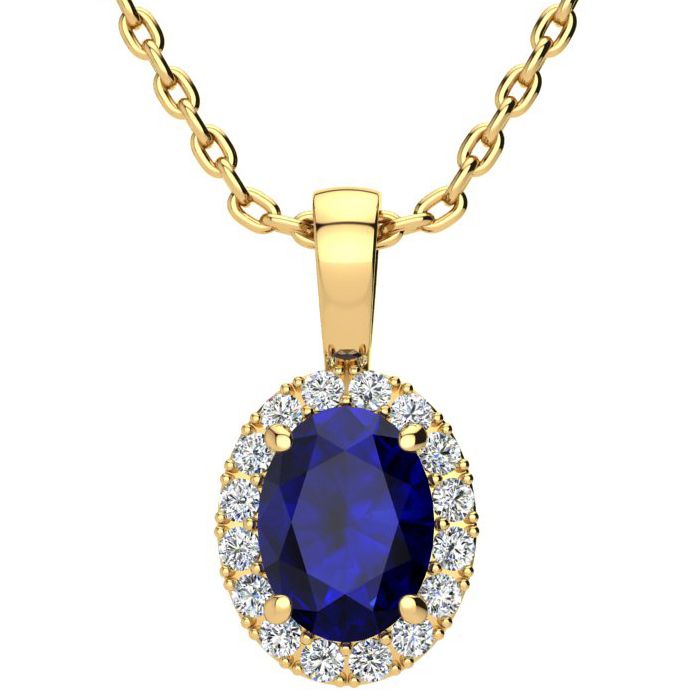 1 3/4 Carat Oval Shape Sapphire & Halo Diamond Necklace in 14K Yellow Gold w/ 18 Inch Chain,  by SuperJeweler