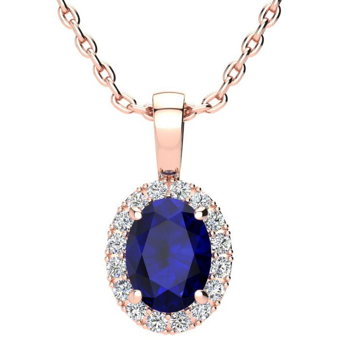 1 3/4 Carat Oval Shape Sapphire & Halo Diamond Necklace in 14K Rose Gold w/ 18 Inch Chain,  by SuperJeweler