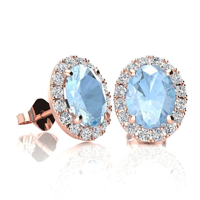 1 3/4 Carat Oval Shape Aquamarine & Halo Diamond Stud Earrings in 14K Rose Gold,  by SuperJeweler
