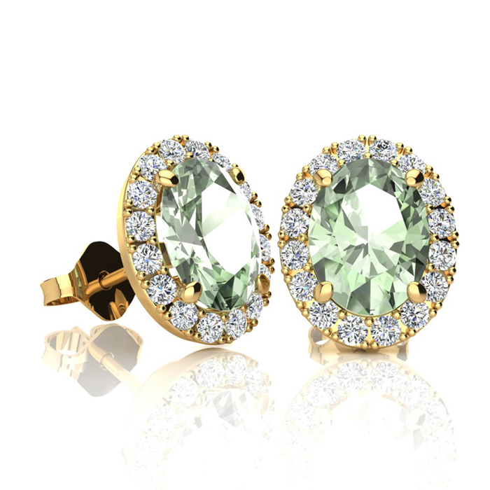 1.5 Carat Oval Shape Green Amethyst & Halo Diamond Stud Earrings in 14K Yellow Gold,  by SuperJeweler