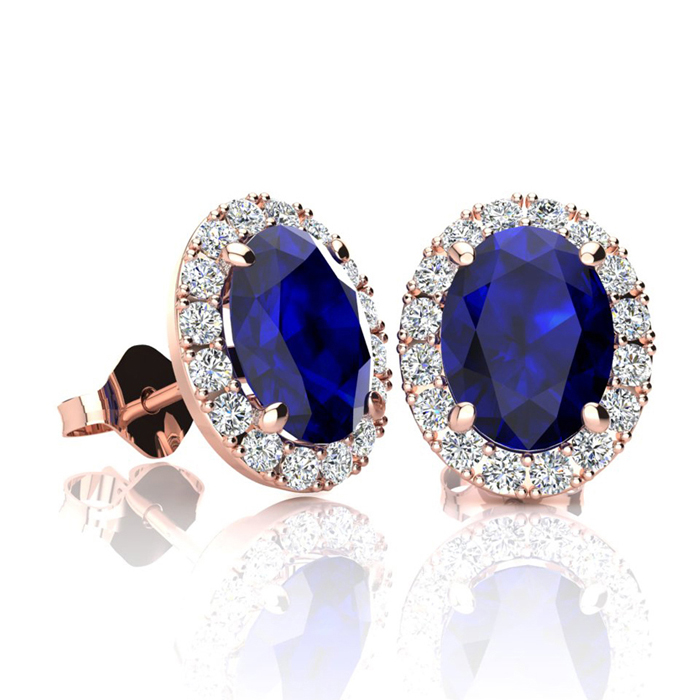 2 1/4 Carat Oval Shape Sapphire & Halo Diamond Stud Earrings in 14K Rose Gold,  by SuperJeweler