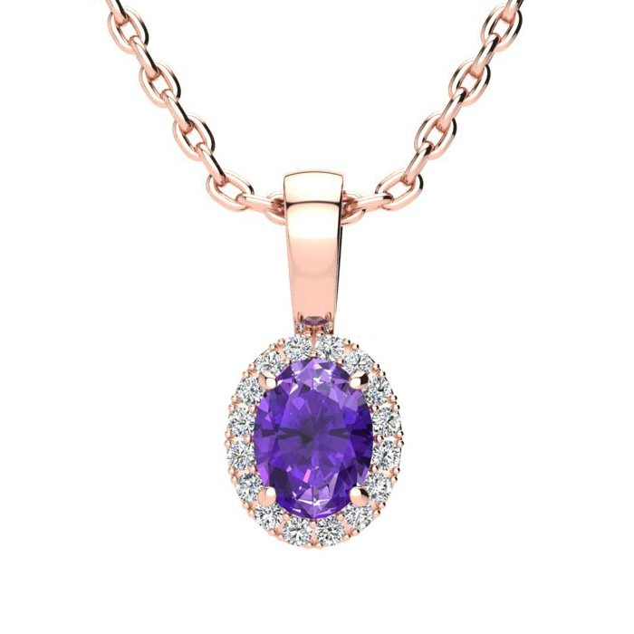 1/2 Carat Oval Shape Amethyst & Halo Diamond Necklace in 14K Rose Gold w/ 18 Inch Chain,  by SuperJeweler