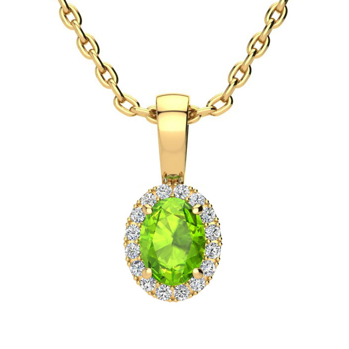 1/2 Carat Oval Shape Peridot & Halo Diamond Necklace in 14K Yellow Gold w/ 18 Inch Chain,  by SuperJeweler