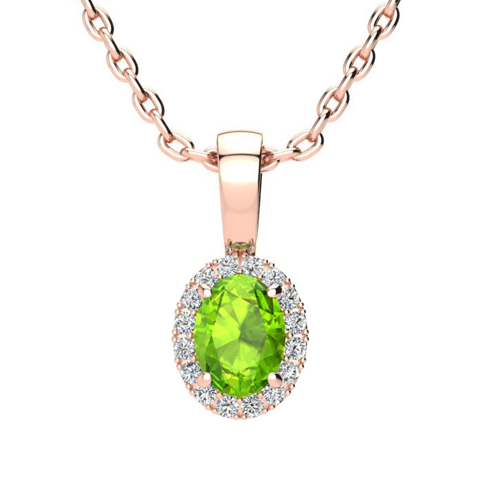 1/2 Carat Oval Shape Peridot & Halo Diamond Necklace in 14K Rose Gold w/ 18 Inch Chain,  by SuperJeweler