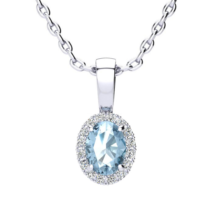 0.62 Carat Oval Shape Blue Topaz & Halo Diamond Necklace in 14K White Gold w/ 18 Inch Chain,  by SuperJeweler