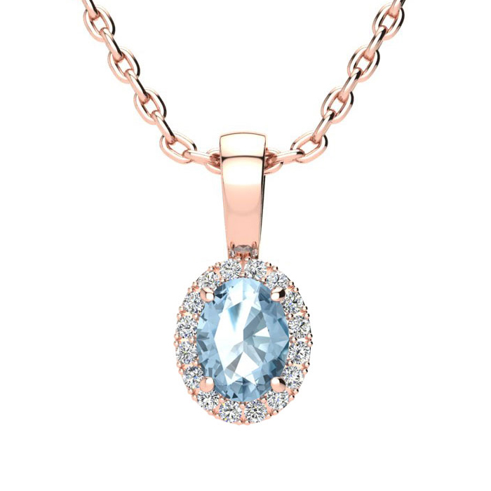 0.62 Carat Oval Shape Blue Topaz & Halo Diamond Necklace in 14K Rose Gold w/ 18 Inch Chain,  by SuperJeweler