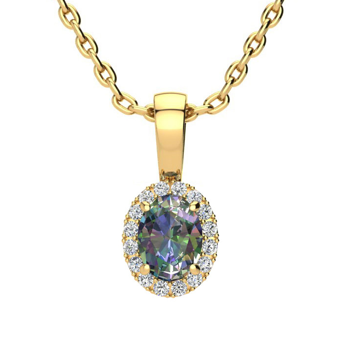 0.62 Carat Oval Shape Mystic Topaz & Halo Diamond Necklace in 14K Yellow Gold w/ 18 Inch Chain,  by SuperJeweler